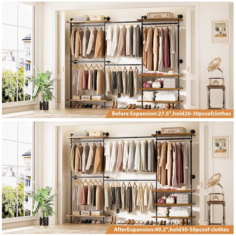 Expandable Industrial Pipe Clothing Rack with 6 Open Shelves,Adjustable Walk-in Closet Organizer System Garment Rack
