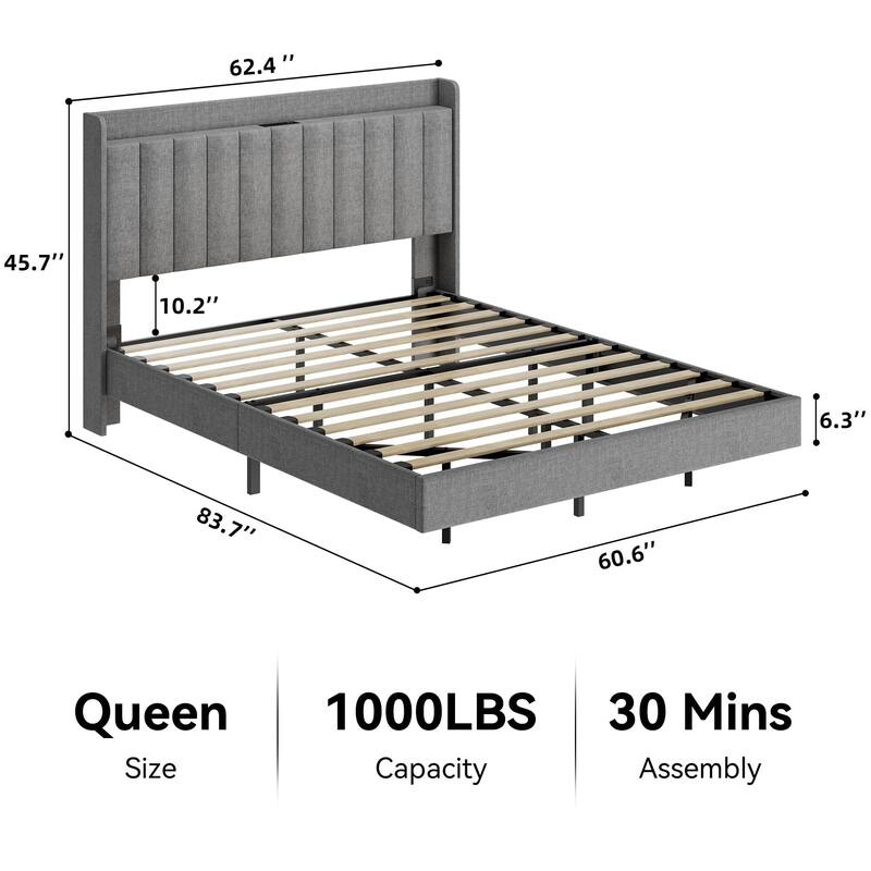 Floating Bed Frame with LED Lights, Upholstered Platform Bed Frame with Charging Station & Storage Headboard