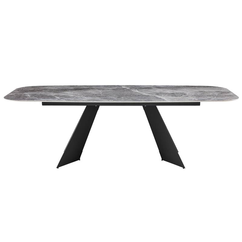 HomeRoots 94" Gray and Black Faux Marble Ceramic and Steel Double Pedestal Base Dining Table