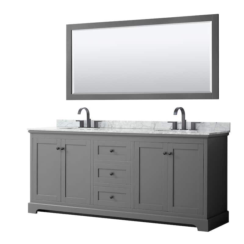 Wyndham Collection Avery 80" Free Standing Double Basin Vanity Set - Dark Gray / White Carrara Marble Top / Matte Black - Steel Finish
