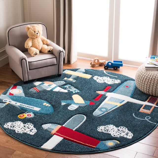 SAFAVIEH Carousel Kids Ardak Airplane Rug - 3' x 3' Round - Navy/Ivory