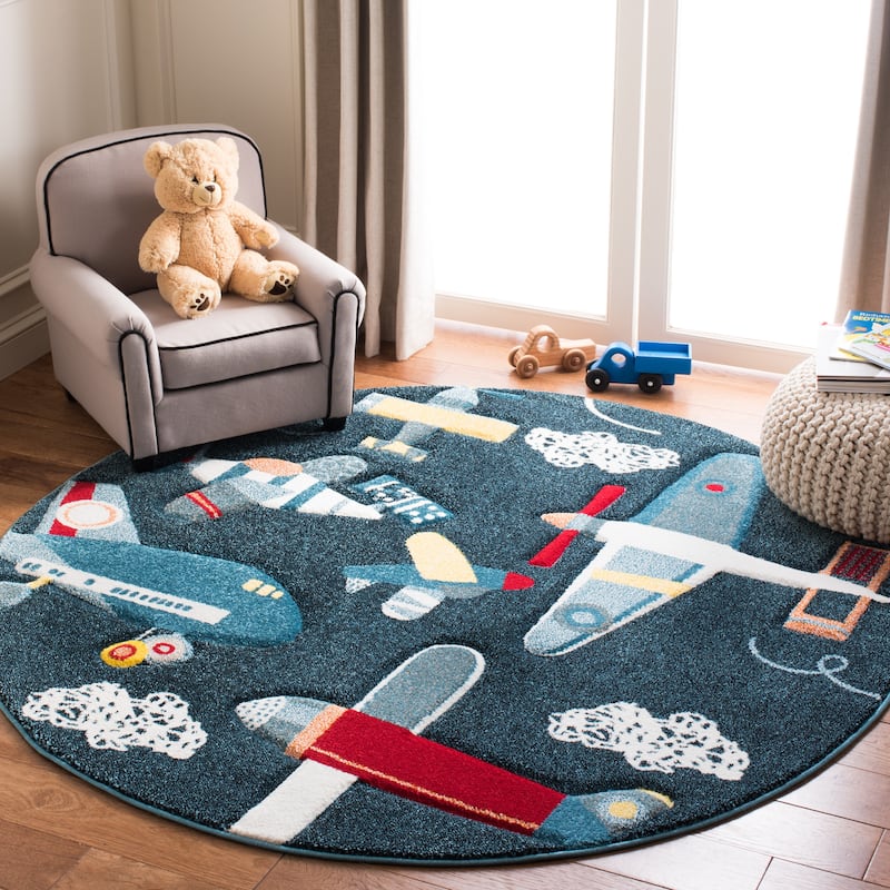 SAFAVIEH Carousel Kids Ardak Airplane Rug - 3' x 3' Round - Navy/Ivory