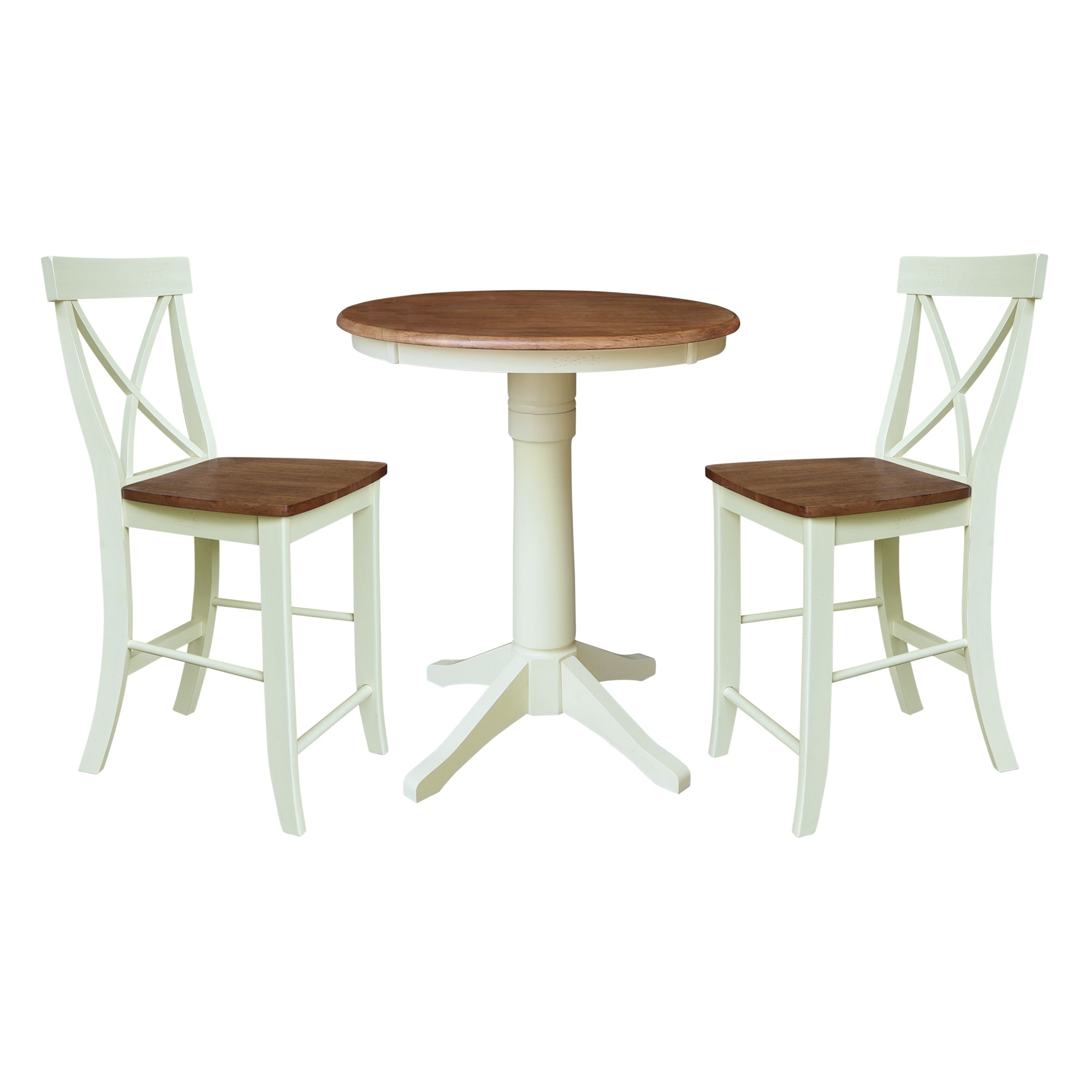 30" Round Pedestal Gathering Height Table with 2 X-Back Counter Height Stools