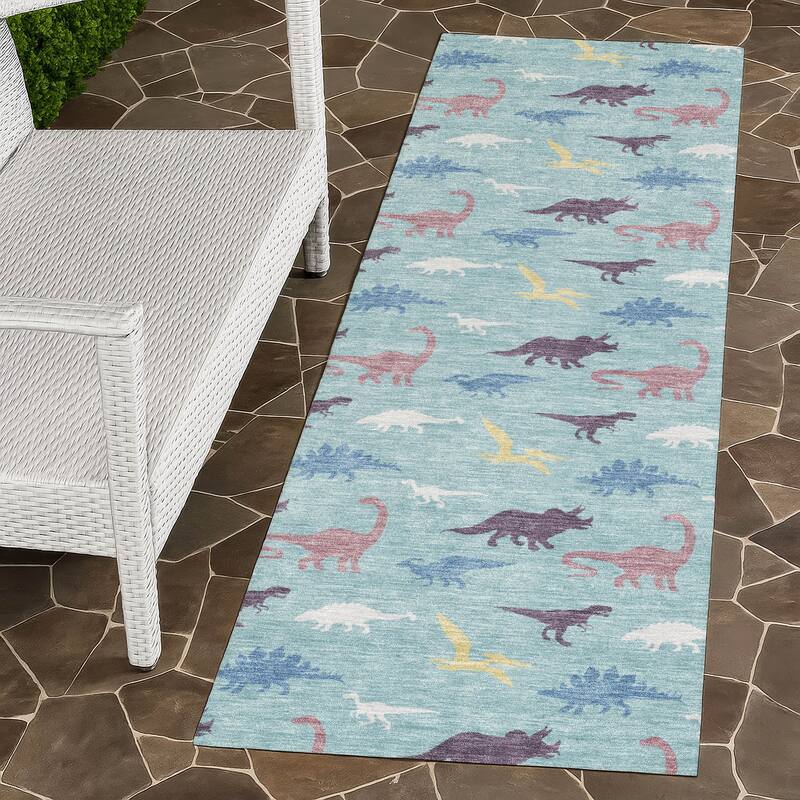 Machine Washable Indoor/ Outdoor Modern Dinosaur Chantille Rug - Aqua - 2'3" x 7'6"