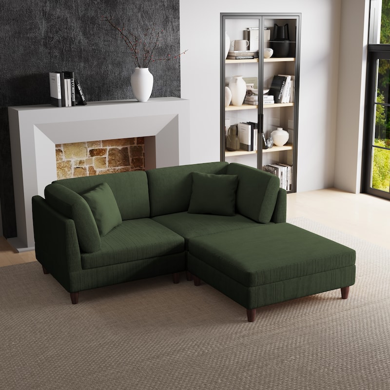 Corduroy Modular Sectional Sofa Set With Ottoman - 3 Pieces/Green - Symmetrical