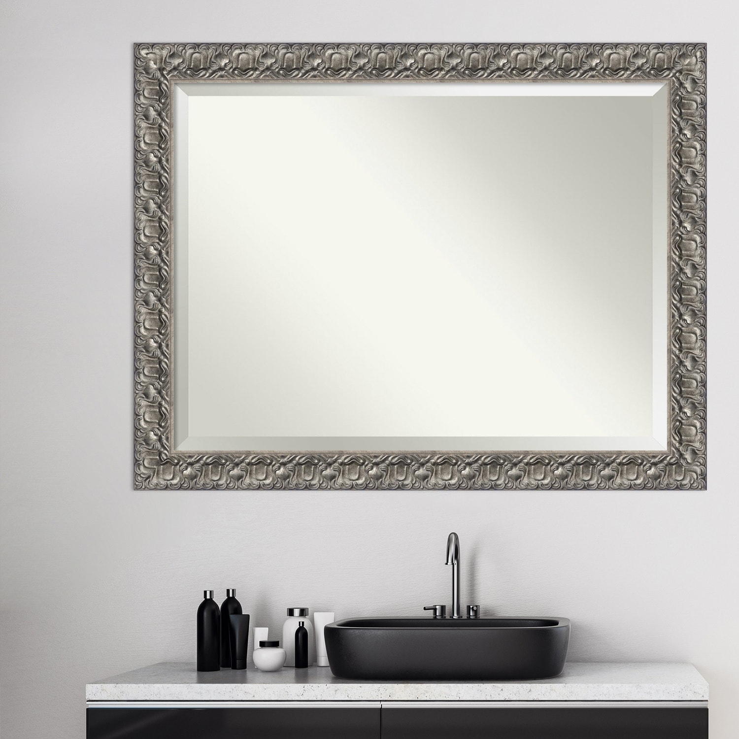 Beveled Wood Bathroom Wall Mirror - Silver Luxor Frame