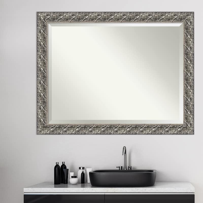 Beveled Wood Bathroom Wall Mirror - Silver Luxor Frame - Outer Size: 46 x 36 in