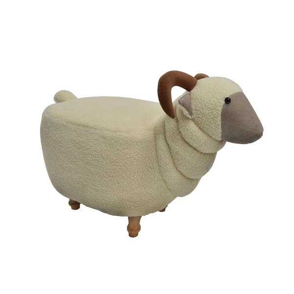 Sheep Shape Wooden Ottoman with Fabric Upholstery, Cream and Brown