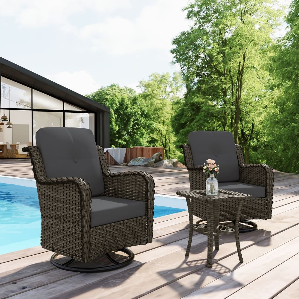 3-Piece Patio Rattan Swivel Cushioned Rocking Chair Set With Side Table