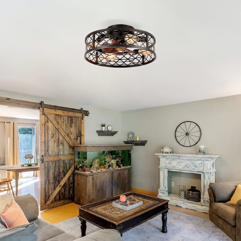 20" Flower Style Iron Ceiling Fans With Remote Control,Ceiling Fan 6 Speed Reversible with Remote Control,Flush Mount Caged