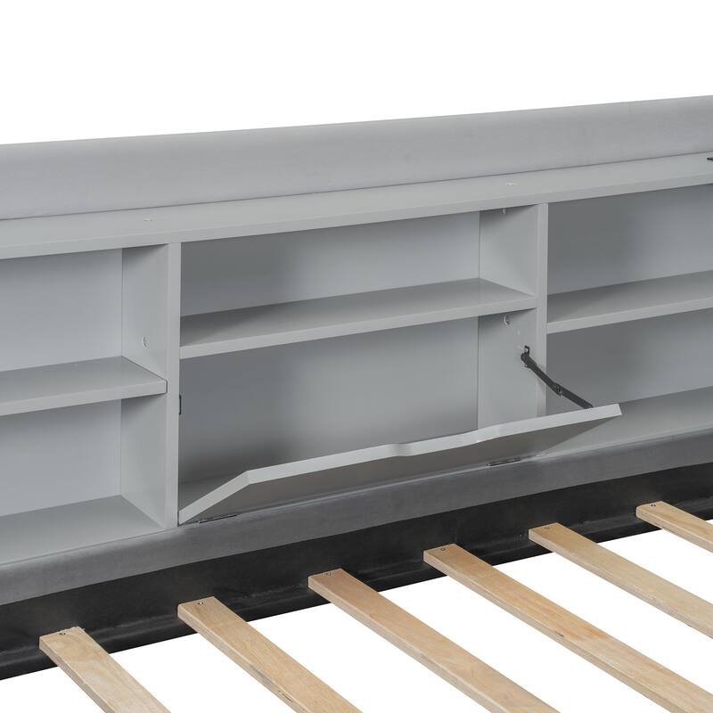 Twin Size Velvet Upholstered Daybed with Trundle, Storage Shelves, USB & Outlet