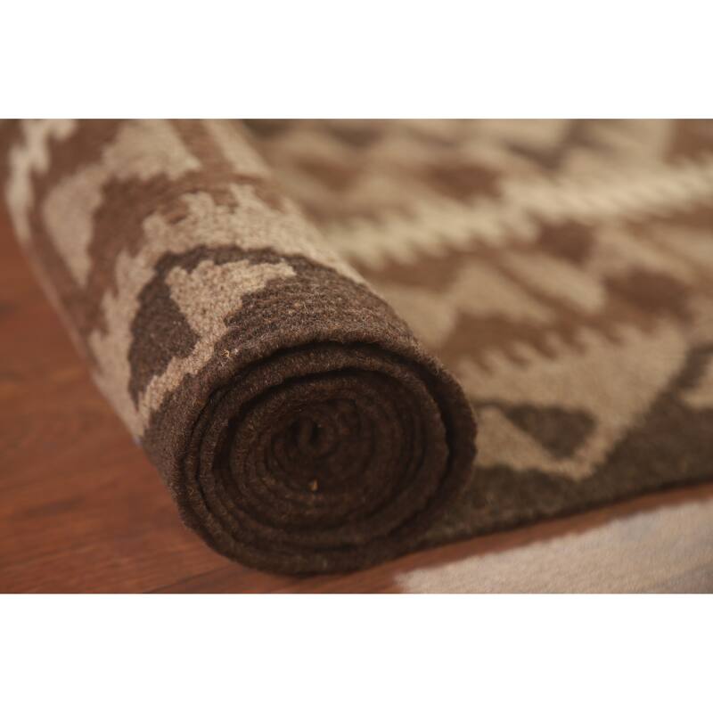 Hand Woven Oriental 100% Wool Carpet Southwestern Geometric Brown Kilim Area Rug - 9' 9'' X 6' 7''
