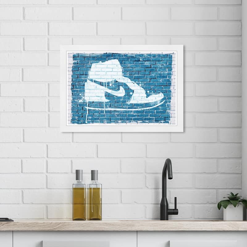 Wynwood Studio Prints Fashion and Glam Sneaker Wall Graffiti Blue and Eggshell Modern & Contemporary Wall Art Canvas Print - White