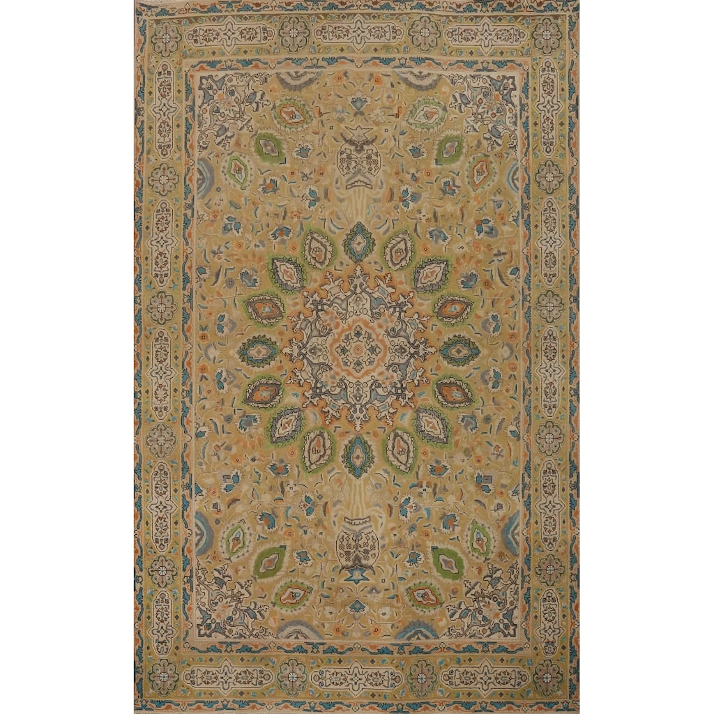Hand Knotted Oriental 100% Wool Carpet Traditional Floral Yellow & Gold Tabriz Area Rug - 9' 7'' X 6' 5''