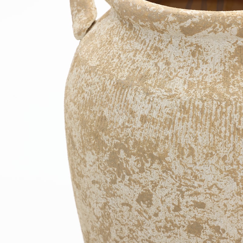 Vintage Pottery Beige & Brown 15.75" Tall Round Ceramic Vase