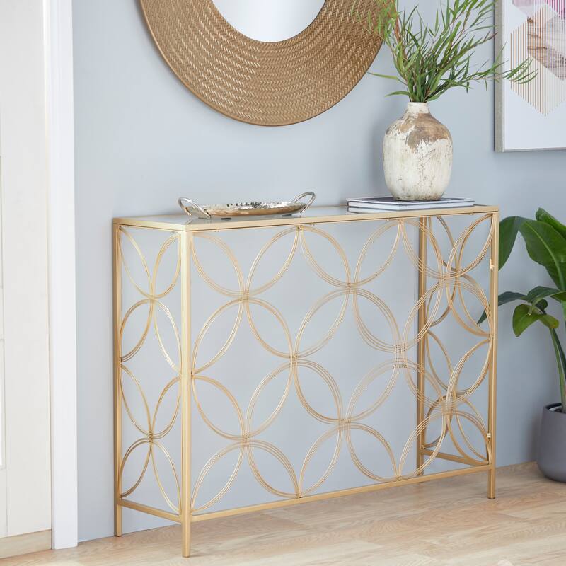 Gold Metal Open Style Quatrefoil Frame Geometric Console Table with Glass Top - Gold