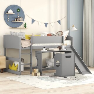 Multiple Functions Bed,Low Study Twin Loft Bed with Chair and Rolling Portable Desk