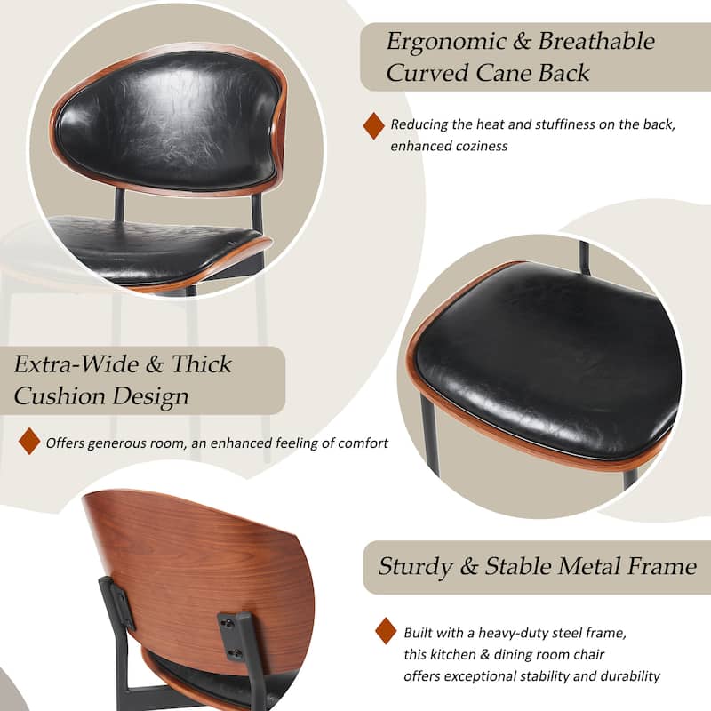 Faux Leather Dining Chairs Set of 2, Modern Bentwood Frame Chairs w/ Upholster Seat, Armless Kitchen Chairs w/ Metal Legs