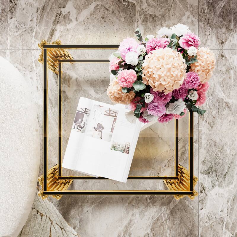 19.9" Modern Transparent Glass End Table for Living Room, Square,Asymmetrical Metal, Gold Finish & Lower Shelf