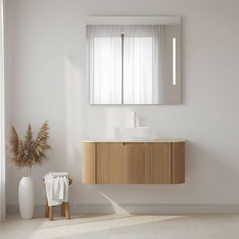 Floating Bathroom Vanity with Transparent Round Glass Basin - 36 - Light Natural Wood