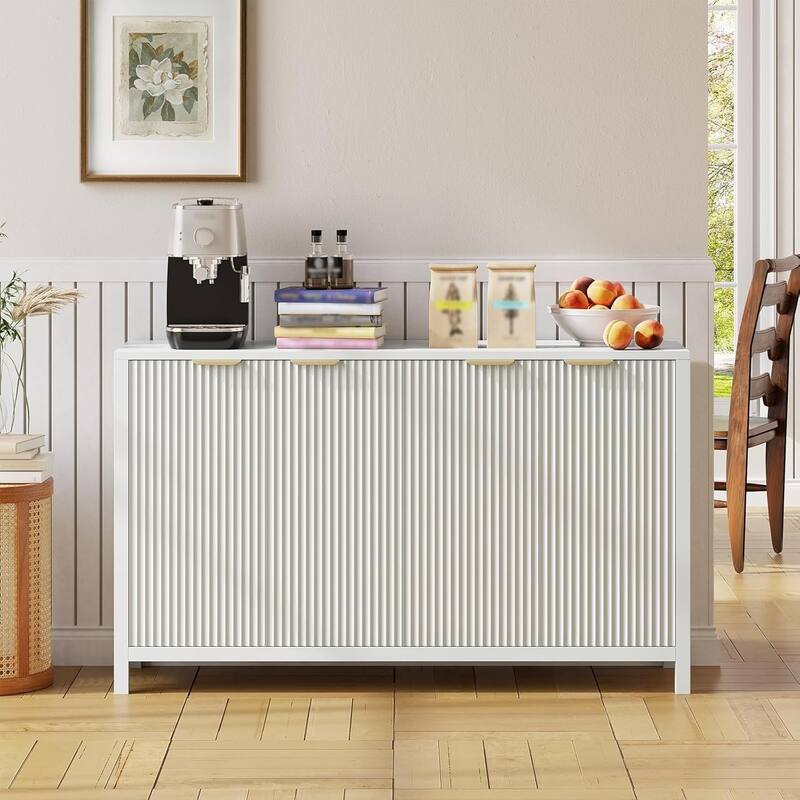 Modern Large Fluted Sideboard Buffet Cabinet , 4 Doors & Adjustable Shelves, 55" Wood Accent Cabinet - White