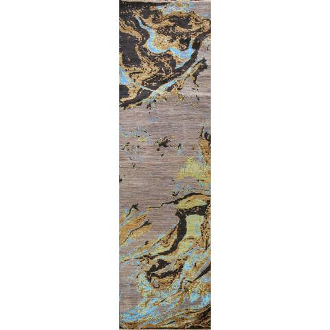 Wool/ Silk Vegetable Dye Abstract Oriental Runner Rug Hand-knotted - 3'0" x 12'4"