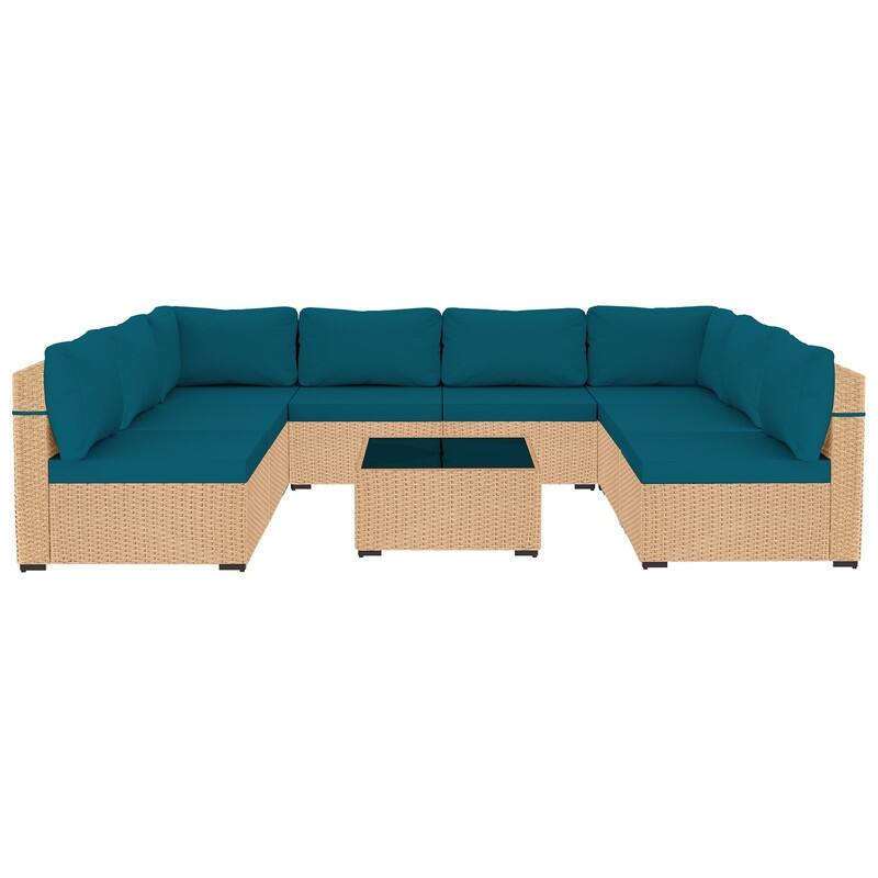 Patio Watcher Patio Conversation Set 9-Piece Yellow Wicker Sectional Seating Group with Cusions