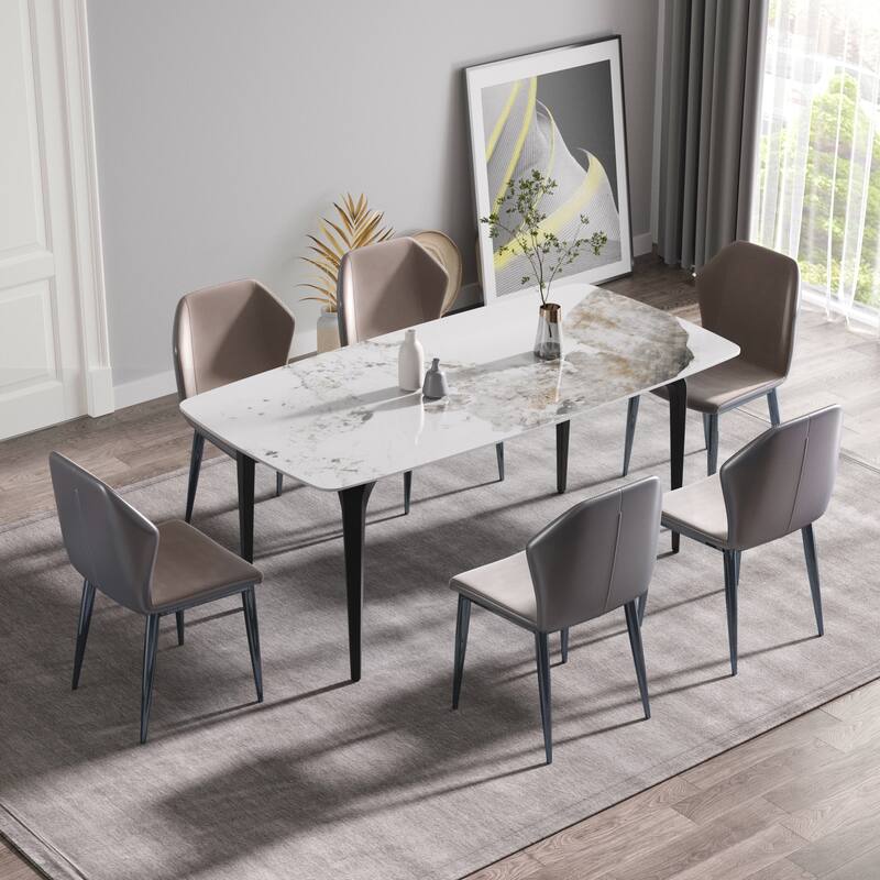 70.87"Modern artificial stone Pandora white curved black metal leg dining table-can accommodate 6-8 people