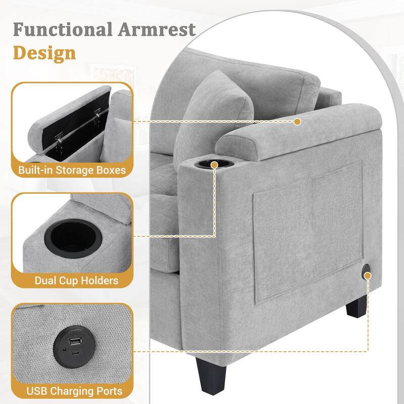 Oversized Corner Sectional, Modern U-Shaped Sectional Sofa with Built-in Storage Boxes and Dual Cup Holders, USB Ports, Pockets