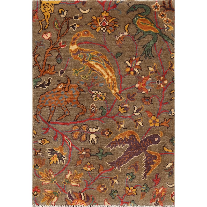 Animals Design Kazak Accent Rug Hand-Knotted Floral Wool Carpet - 2'1"x 2'10"