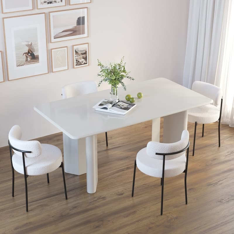 Mid-Century Modern Boucle Dining Chair - White Upholstered Curved Backrest with Black Metal Legs