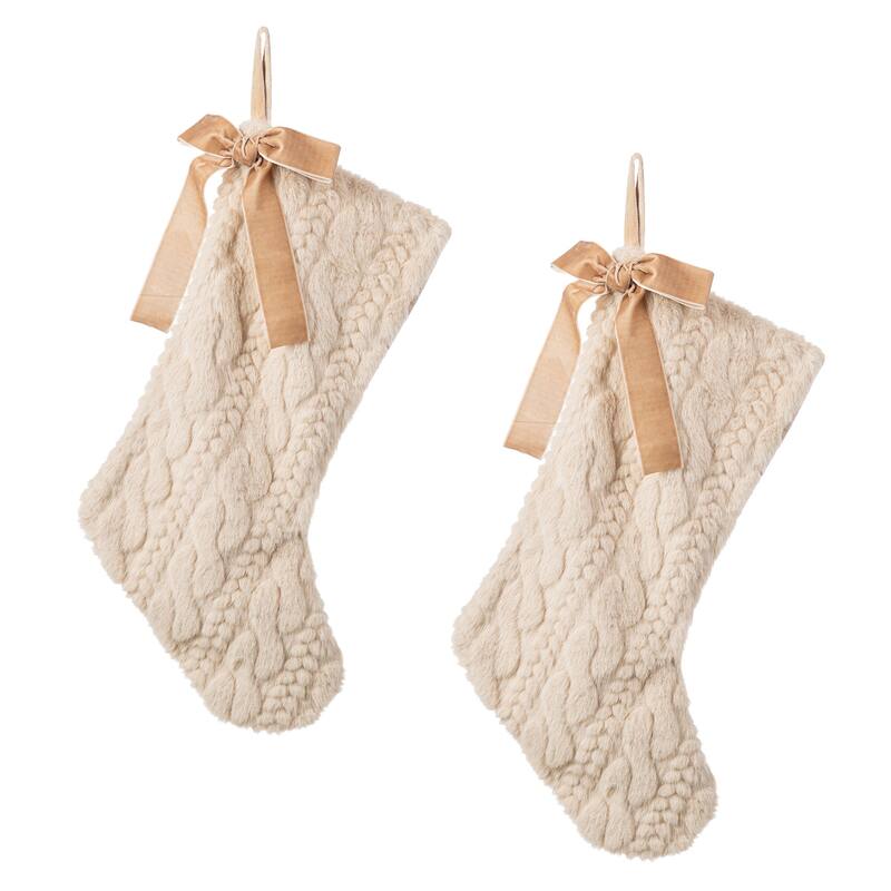 Glitzhome 21"L Plush Faux Fur Christmas Stocking with Bow & Tree Skirt