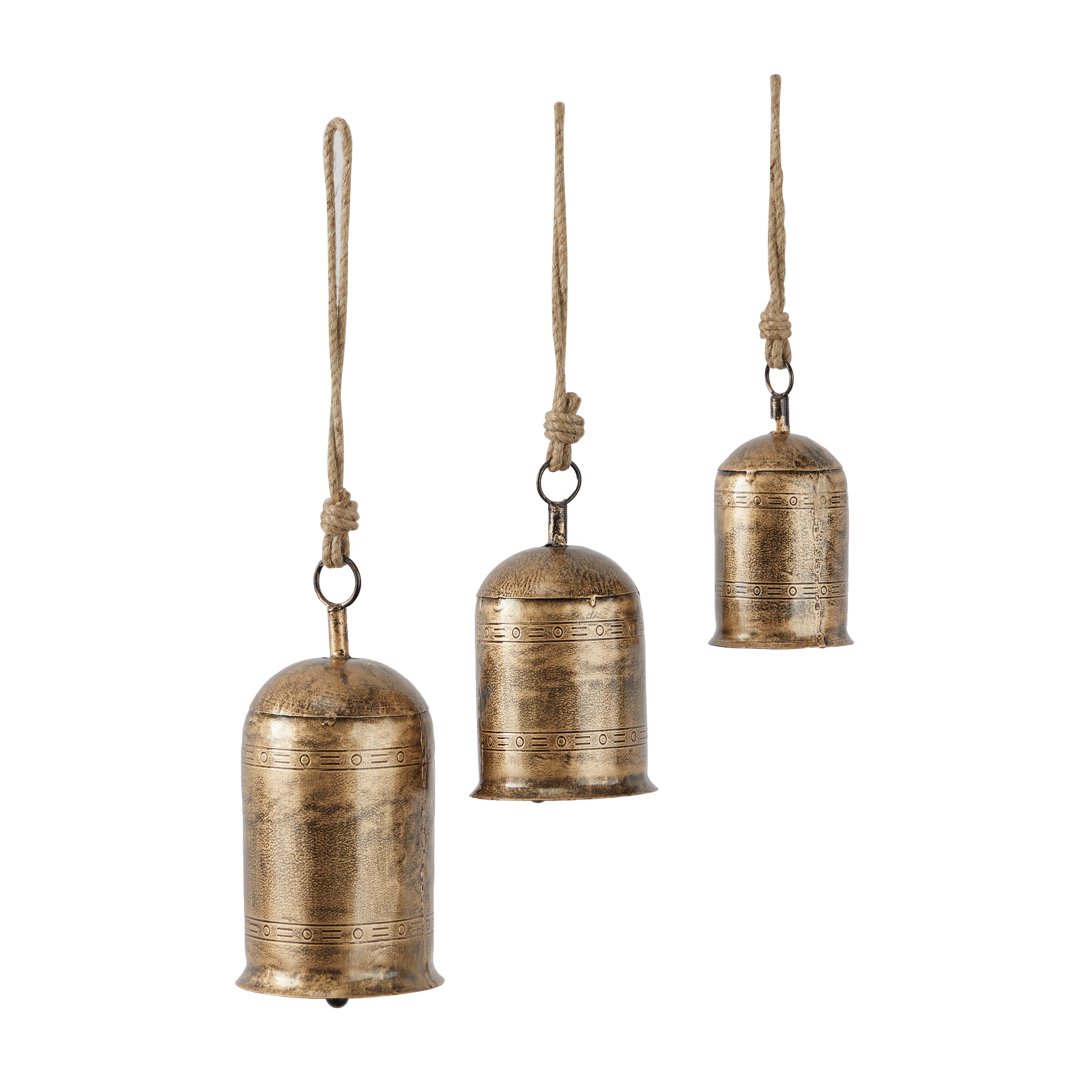 Gold, Gray, Bronze, Black or Red Metal Tibetan Inspired Decorative Cow Bells  with Jute Hanging Rope (Set of 3) - On Sale - Bed Bath & Beyond - 22695320