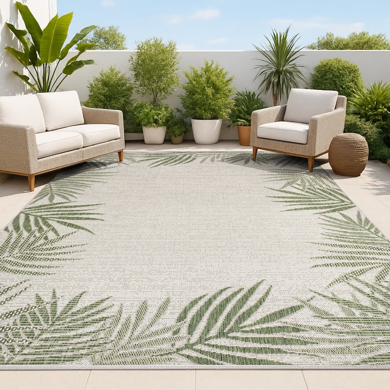 JONATHAN Y Beckett Coastal Cottage Palm Frond Border Blue/Cream Indoor/Outdoor Area Rug