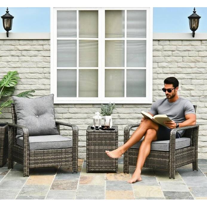 GDFStudio - Oliver Compact Wicker Patio Furniture Set with Hidden Storage Table and Cushioned Seating - Storage Table Chairs