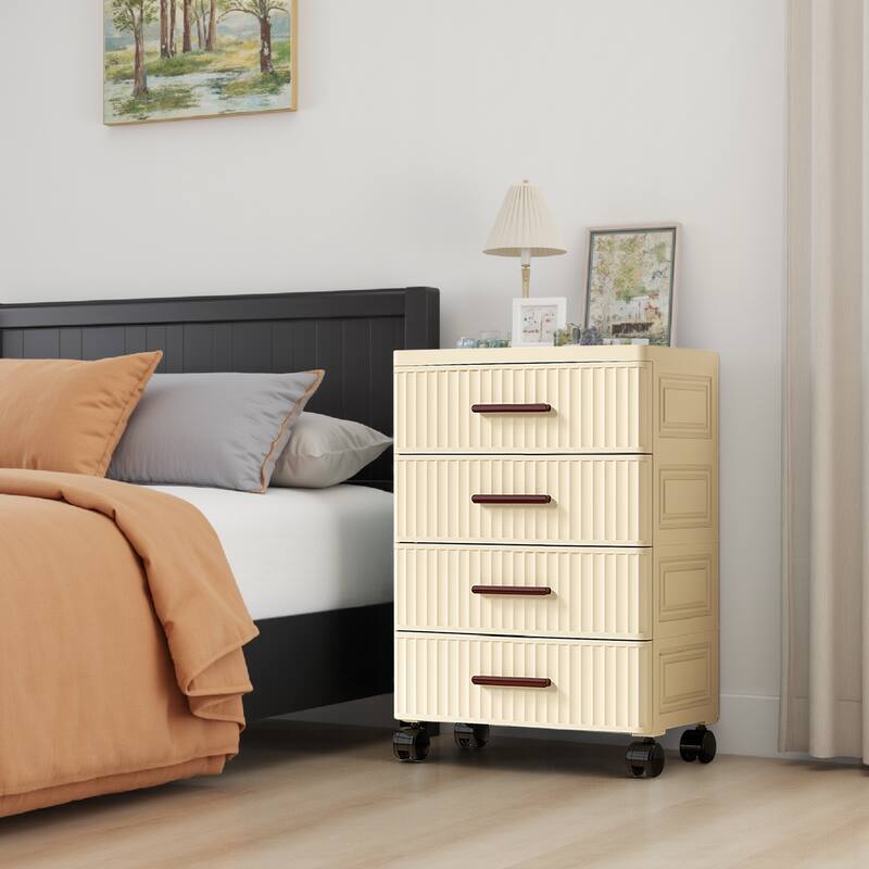 Plastic Drawer Storage 18.9" Wide Plastic Chest Of Drawers For Bedroom Fluted Design Storage Organizer Cart With Wheels