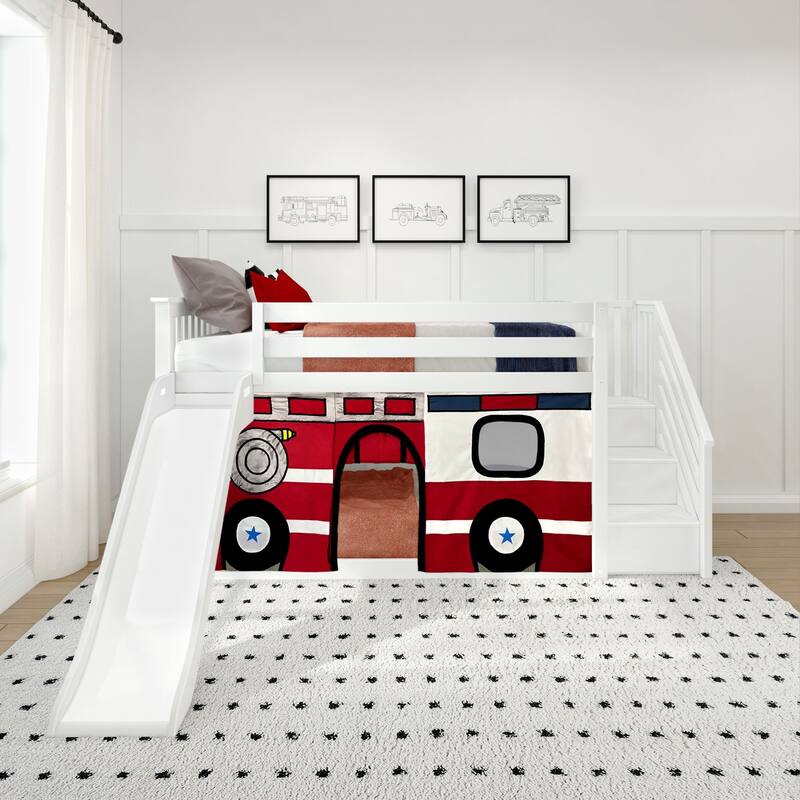 Max and Lily Classic Low Bunk with Stairs, Easy Slide and Curtain
