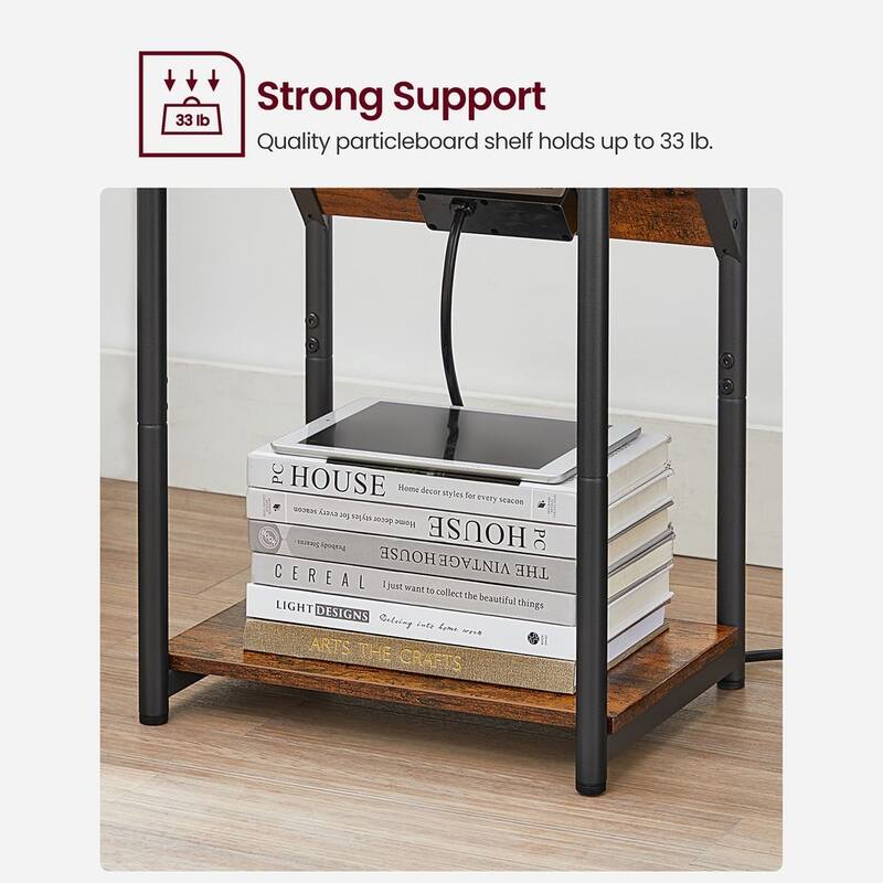 Rustic Brown Wood End Table with Charging Station, Storage Shelf, and USB Ports - 11.8”D x 15.2”W x 18.9”H