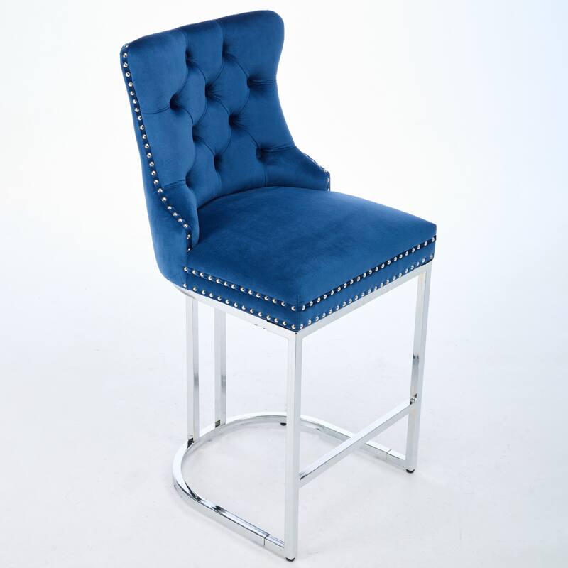 Roomfitters Velvet Counter Height Bar Stools Set of 2, Tufted Upholstered Bar Chairs with Nailhead Trim and Chrome Metal Base