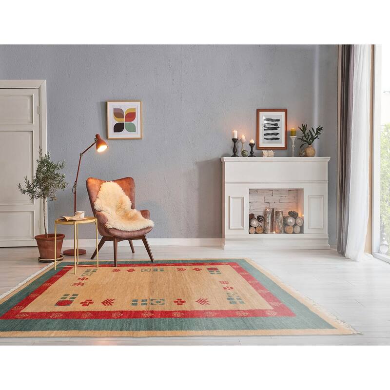 Hand Knotted Gabbeh Beige,Tan Pictorial Wool Modern Oriental Area Rug - 4' 1'' x 6'