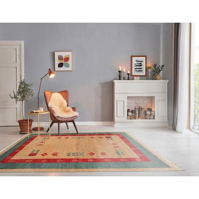 Hand Knotted Gabbeh Beige,Tan Pictorial Wool Modern Oriental Area Rug - 4' 1'' x 6'