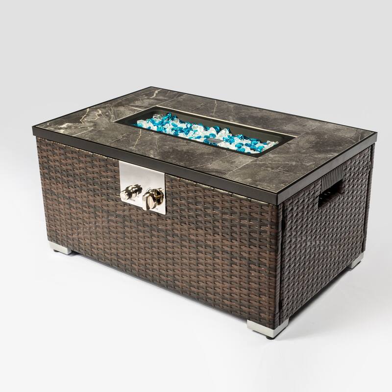 Outdoor Propane Fire Pit Rattan Gas Fire Table with Tile Tabletop - Brown