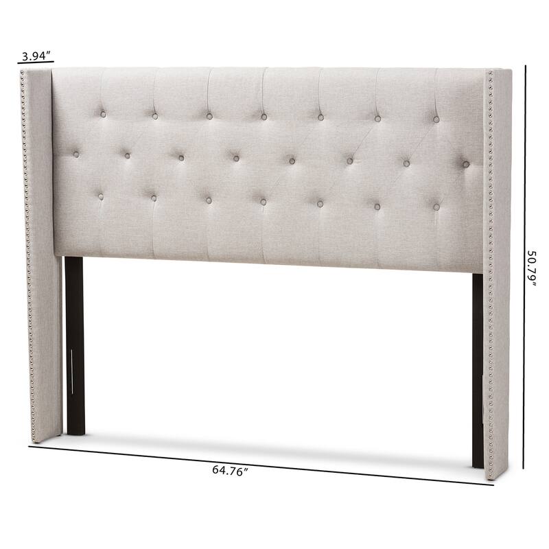 King Size Winged Headboard - Fabric Upholstered Bed Headboard, Greyish Beige, Button Tufted Nailhead Trim