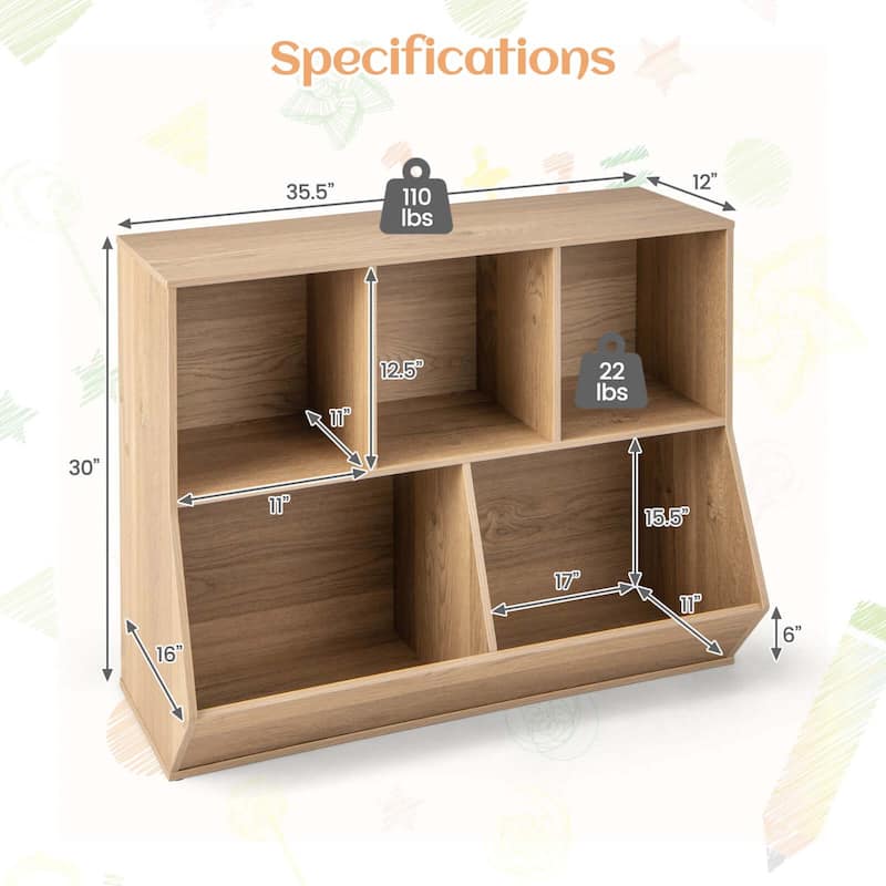 Costway 5-Cubby Kids Toy Storage Organizer Wooden Bookshelf Display - See Details