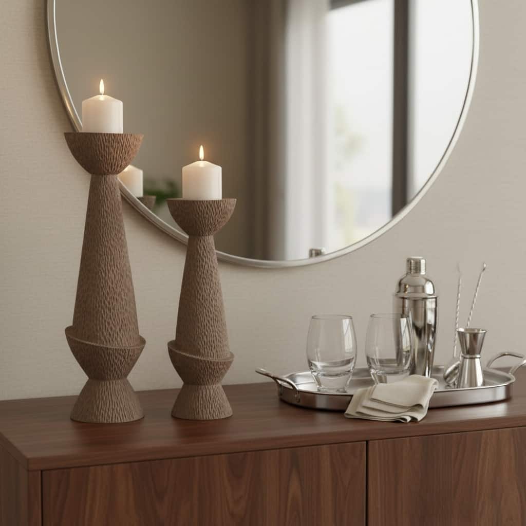 Candle Holder Set of 2 - Tan Resin Textured Pillar, 16/20" - 20.0"