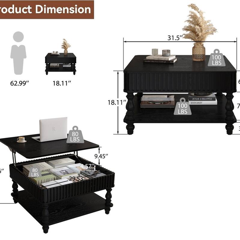 Rustic Style Lift-Top Coffee Table with Hidden & Open Storage