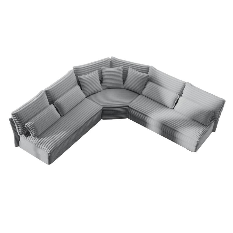 5-Seater L-Shaped Sectional Sofa with Curved Corner - Plush Corduroy Fabric, 7 Pillows (3 Throw + 4 Lumbar)