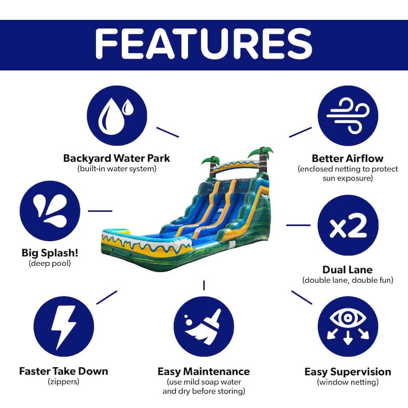 HeroKiddo 15' Tropical Breeze Commercial Grade Dual Lane Inflatable Water Slide with Pool and Blower Indoor Outdoor Inflatable