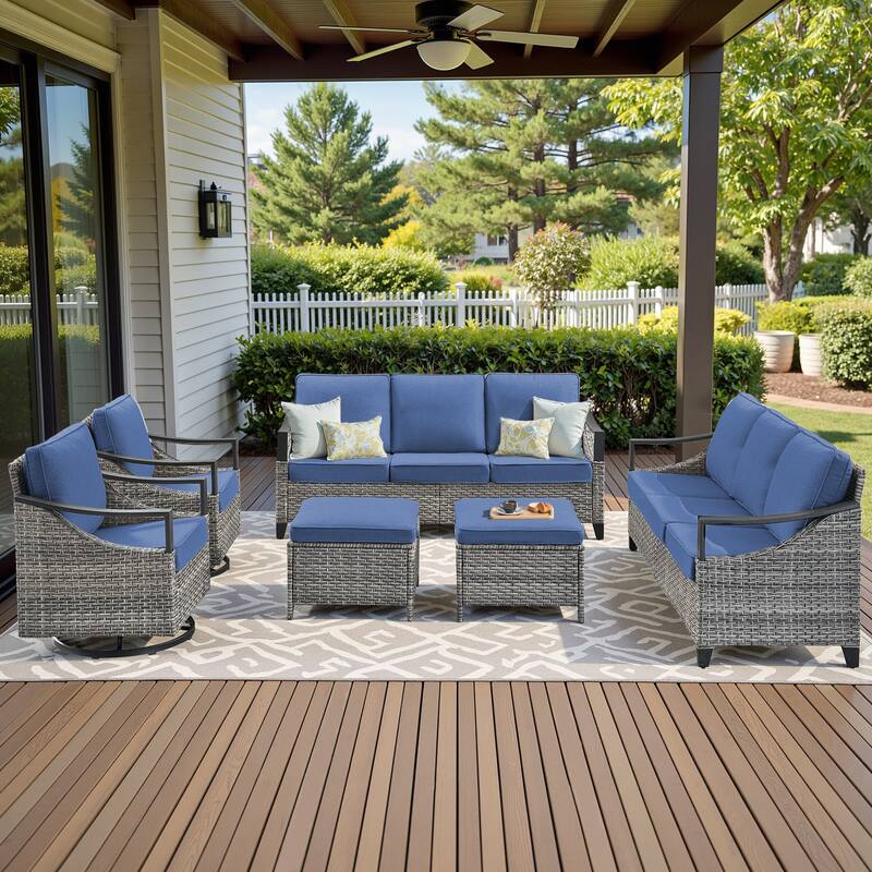 Pocassy Outdoor Sofa Swivel Patio Chair Table with Ottoman Set - Gray Wicker Blue Cushion - 6-Piece Sofa Swivel Chair with Ottoman