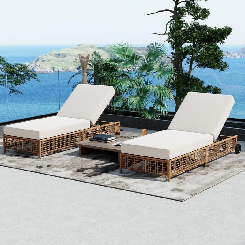 Patio Chaise Lounge Set of 2 with Adjustable Backrest and Cushions